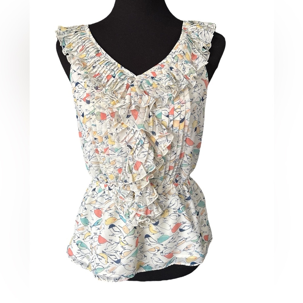 LC Lauren Conrad Sleeveless Ivory Bird Print Ruffle Trim Peplum Blouse, Small